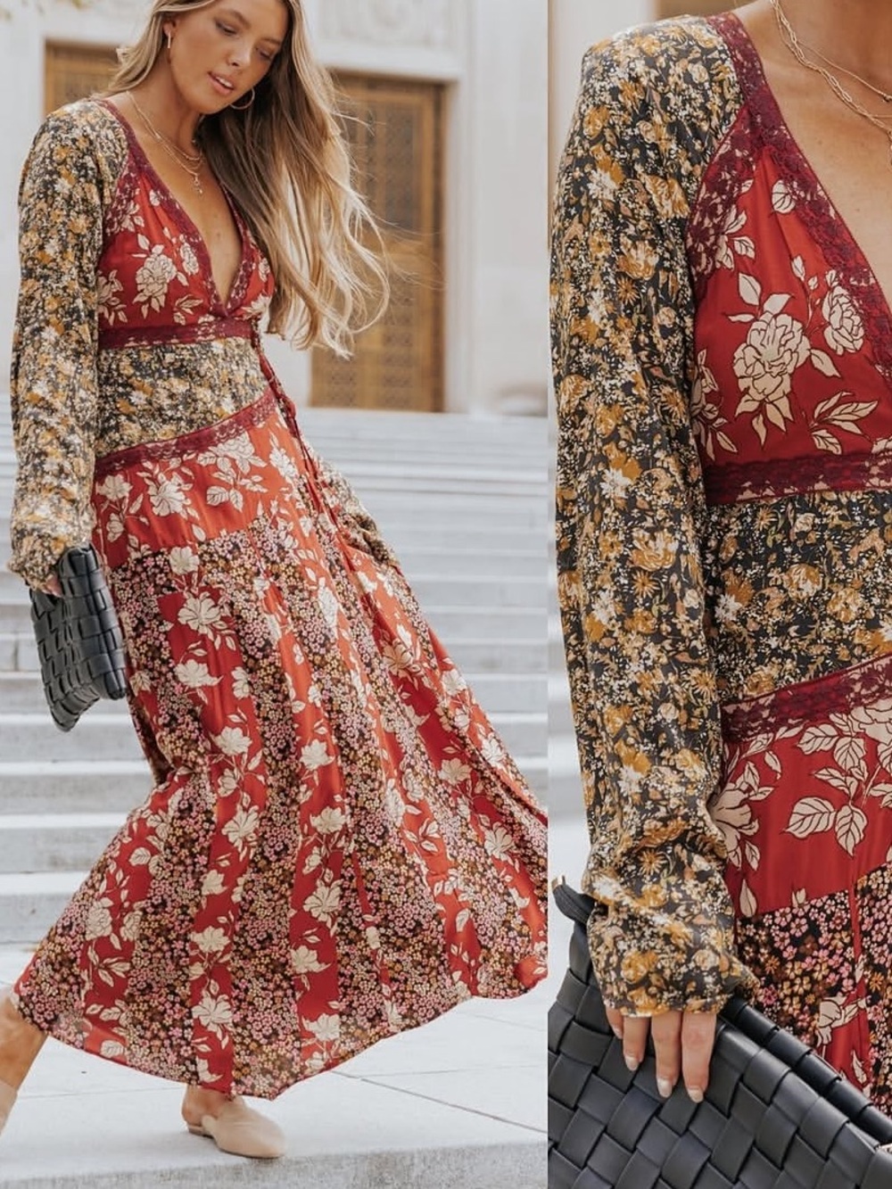 Free People Tilda Patchwork Wrap Maxi Dress in Rust and Mustard size M euc